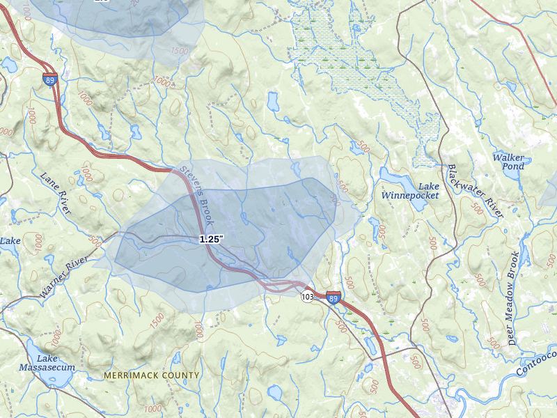NEXRAD radar-signature map of the hail over Warner, NH