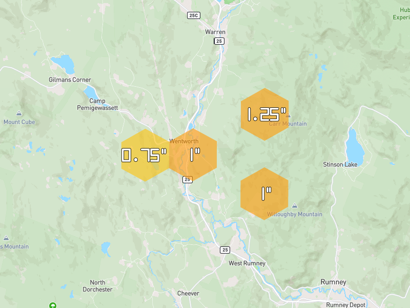 Hail map of Wentworth, NH on Jun 7, 2026, hail up to 1.25"