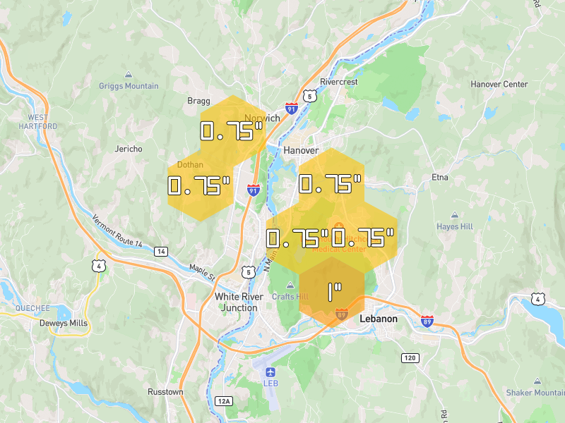 Hail map of West Lebanon, NH on Jul 2, 2026, hail up to 1"