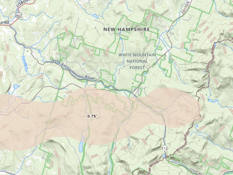 Radar-estimated hail-size map of the storm over Woodsville, NH on Apr 16, 2026