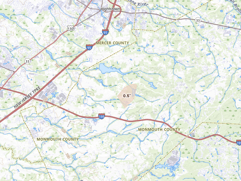 Radar-estimated hail-size map of the storm over Allentown, NJ on May 20, 2026