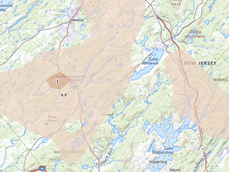 Radar-estimated hail-size map of the storm over Andover, NJ on Jul 3, 2026