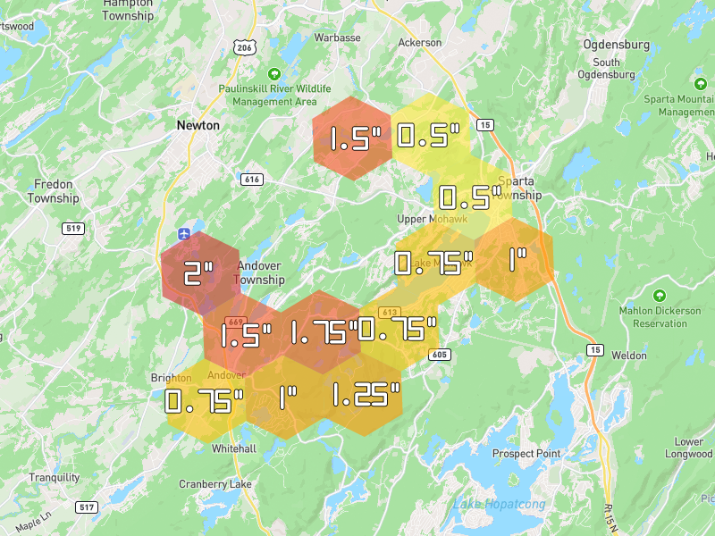 Hail map of Andover, NJ on Jul 3, 2026, hail up to 2"