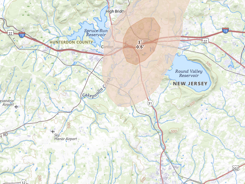 Radar-estimated hail-size map of the storm over Annandale, NJ on Jul 5, 2026