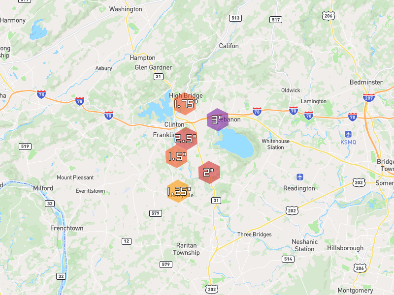Hail map of Annandale, NJ on Jul 6, 2026, hail up to 3"