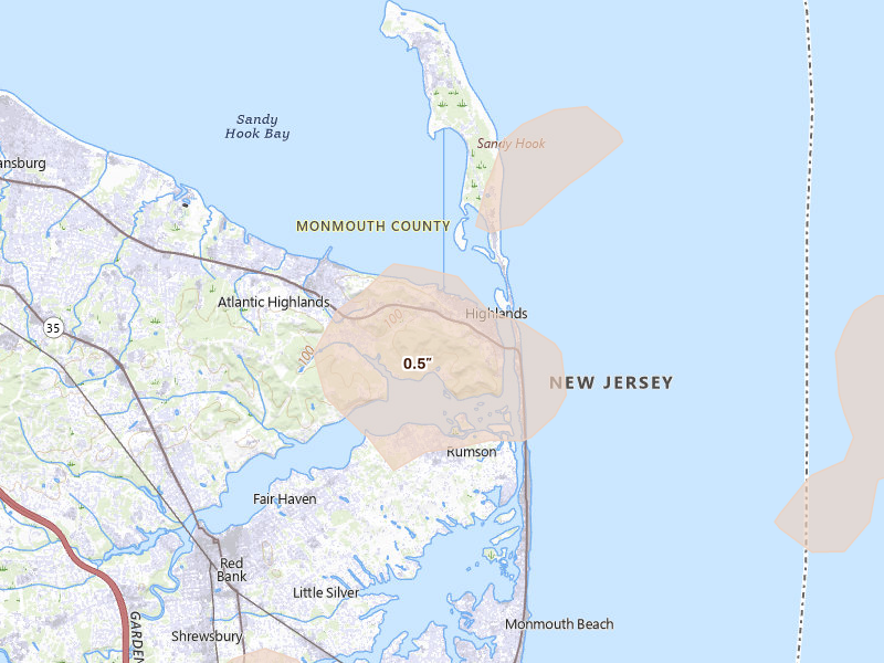 Radar-estimated hail-size map of the storm over Atlantic Highlands, NJ on Aug 7, 2026