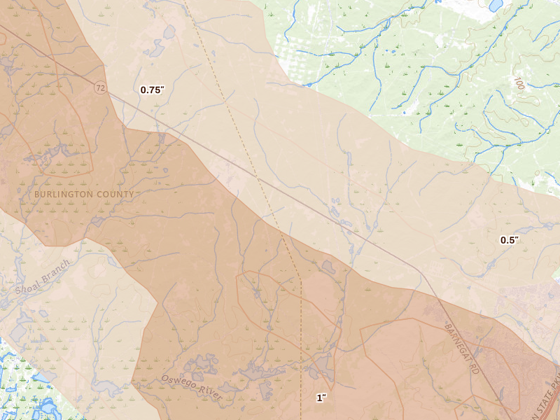 Radar-estimated hail-size map of the storm over Barnegat, NJ on Jul 16, 2026