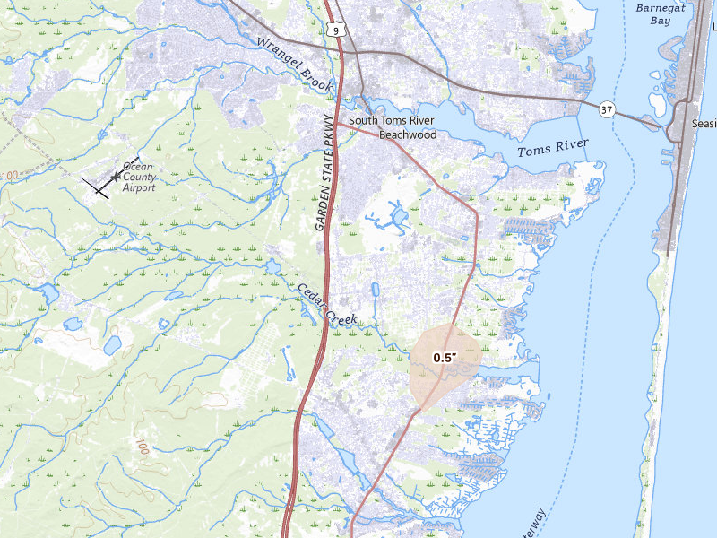 Radar-estimated hail-size map of the storm over Bayville, NJ on Jul 27, 2026