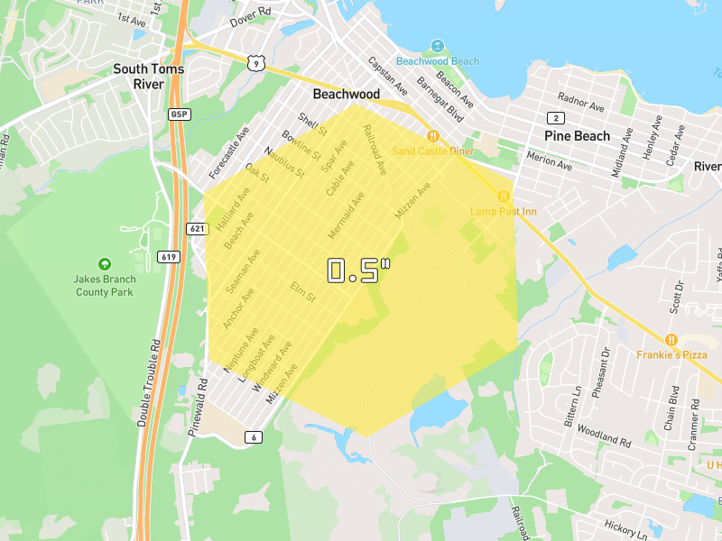 Hail map of Beachwood, NJ on Jul 4, 2026, hail up to 0.5"