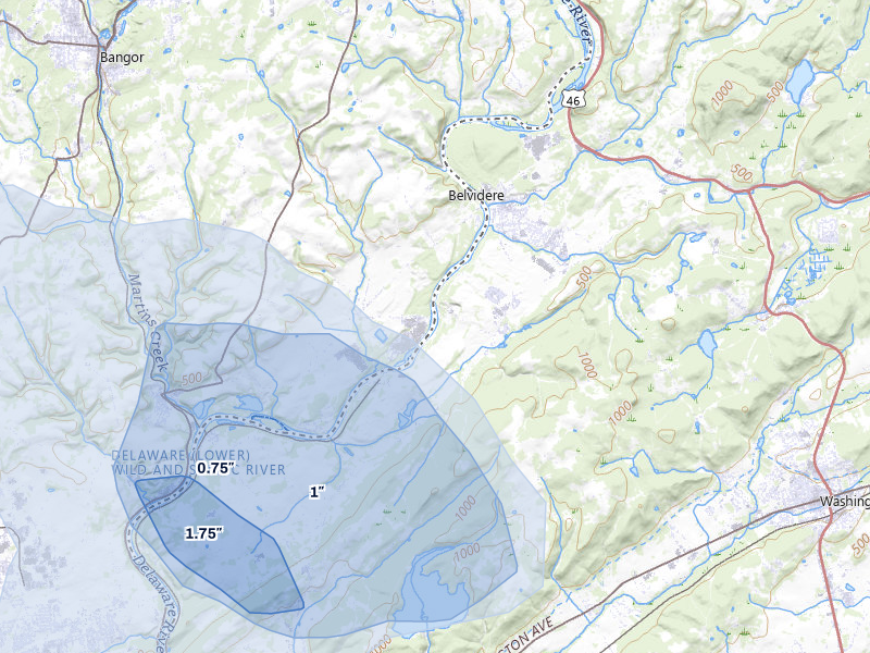 NEXRAD radar-signature map of the hail storm over Belvidere, NJ on Jul 3, 2026