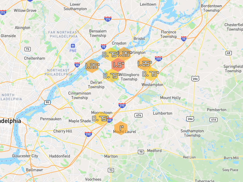 Hail map of Beverly, NJ on Jul 4, 2026, hail up to 1.5"