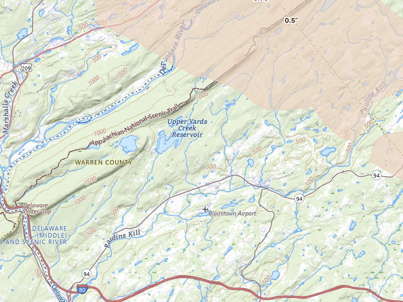 Radar-estimated hail-size map of the storm over Blairstown, NJ on Jul 3, 2026
