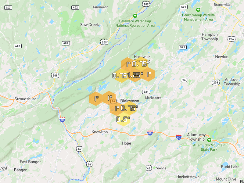 Hail map of Blairstown, NJ on Jul 3, 2026, hail up to 1.25"