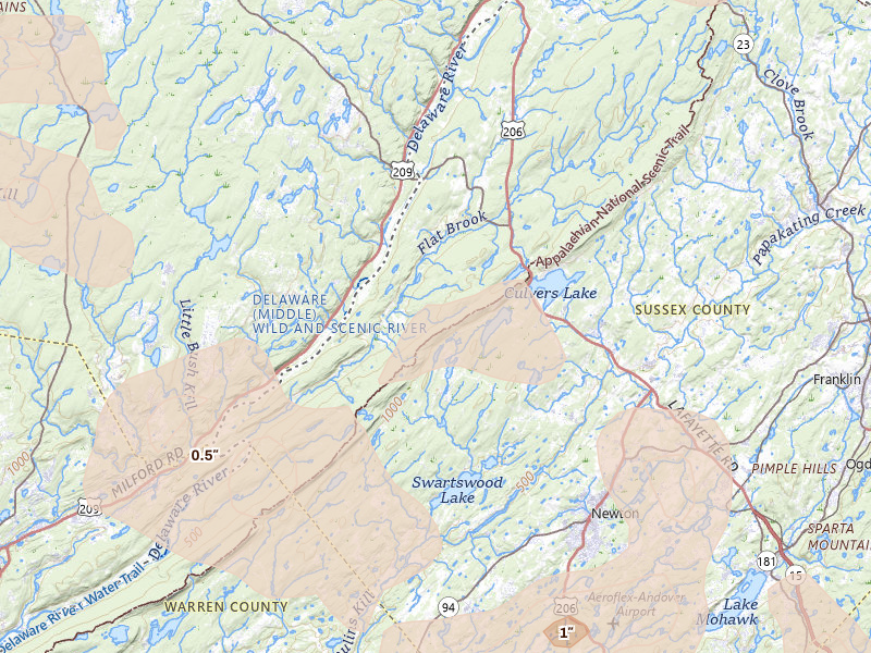 Radar-estimated hail-size map of the storm over Branchville, NJ on Jul 3, 2026