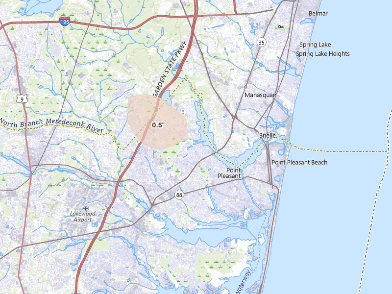 Radar-estimated hail-size map of the storm over Brick, NJ on Jun 7, 2026
