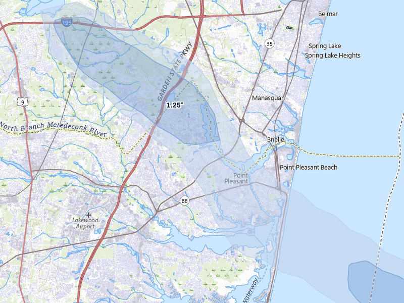 NEXRAD radar-signature map of the hail storm over Brick, NJ on Jun 7, 2026