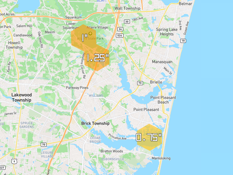 Hail map of Brick, NJ on Jun 7, 2026, hail up to 1.25"