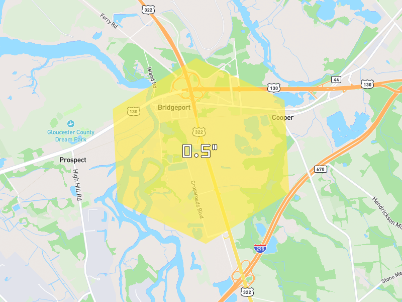 Hail map of Bridgeport, NJ on Jul 6, 2026, hail up to 0.5"