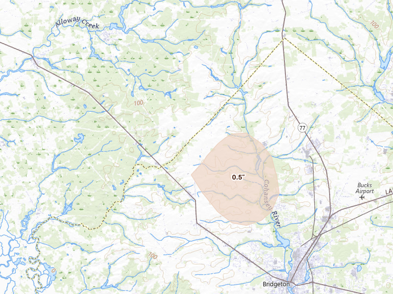 Radar-estimated hail-size map of the storm over Bridgeton, NJ on Aug 27, 2026
