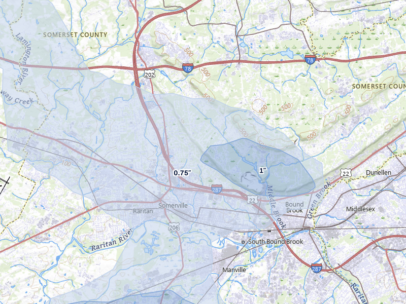 NEXRAD radar-signature map of the hail over Bridgewater, NJ