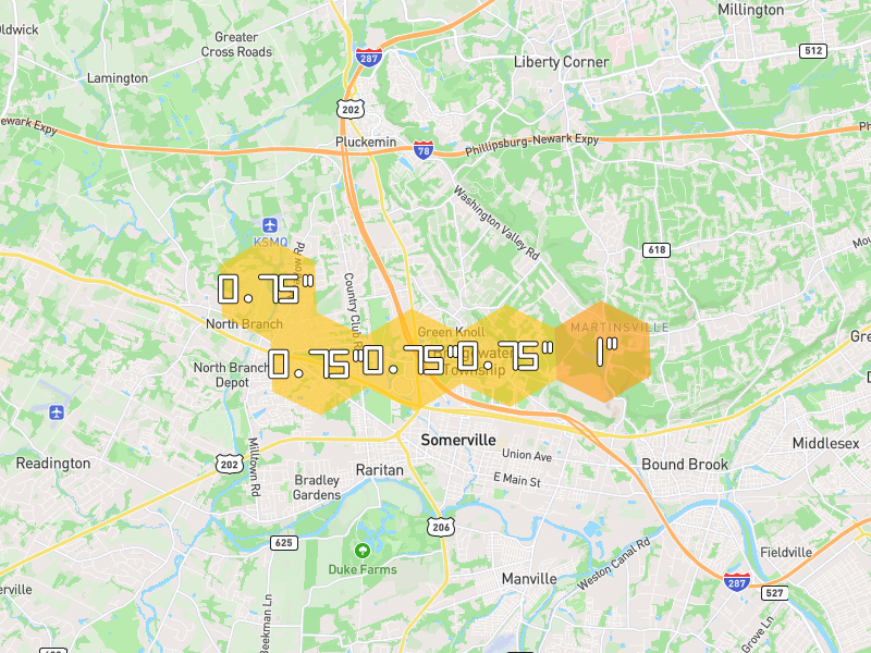 Hail map of Bridgewater, NJ on Jul 3, 2026, hail up to 1"