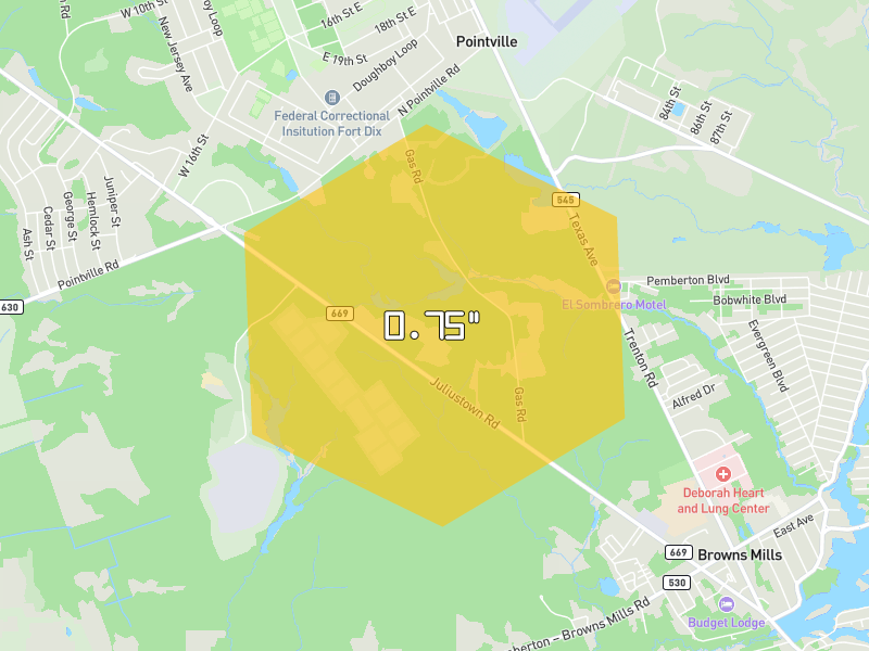 Hail map of Browns Mills, NJ on Jul 4, 2026, hail up to 0.75"