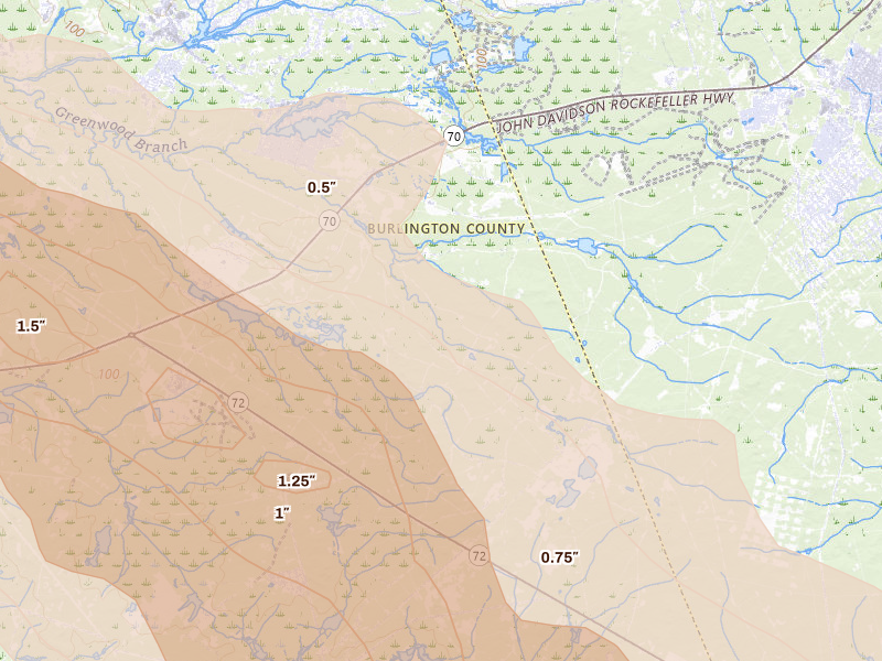Radar-estimated hail-size map of the storm over Browns Mills, NJ on Jul 16, 2026