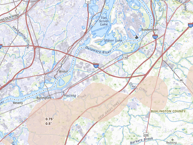 Radar-estimated hail-size map of the storm over Burlington, NJ