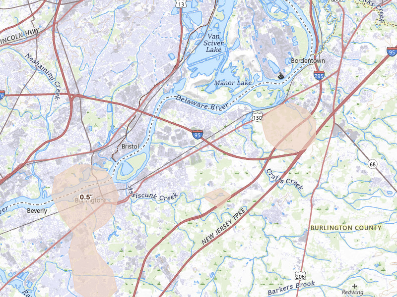 Radar-estimated hail-size map of the storm over Burlington, NJ on Jul 3, 2026