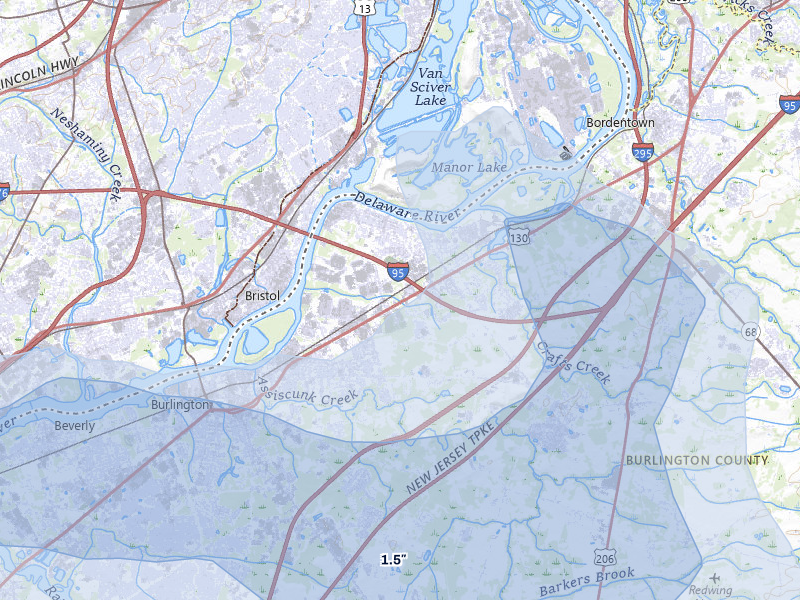 NEXRAD radar-signature map of the hail over Burlington, NJ