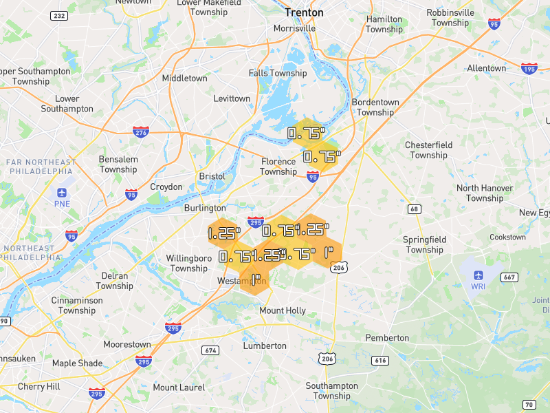 Hail map of Burlington, NJ on Jul 4, 2026, hail up to 1.25"