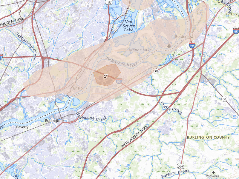 Radar-estimated hail-size map of the storm over Burlington, NJ on Aug 7, 2026