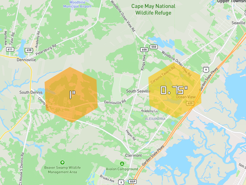 Hail map of Cape May Court House, NJ on Jul 5, 2026, hail up to 1"