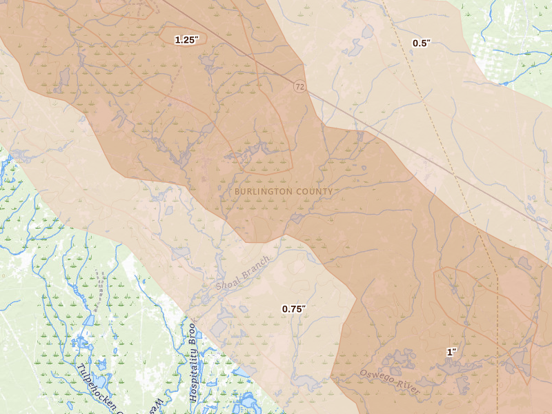 Radar-estimated hail-size map of the storm over Chatsworth, NJ on Jul 16, 2026