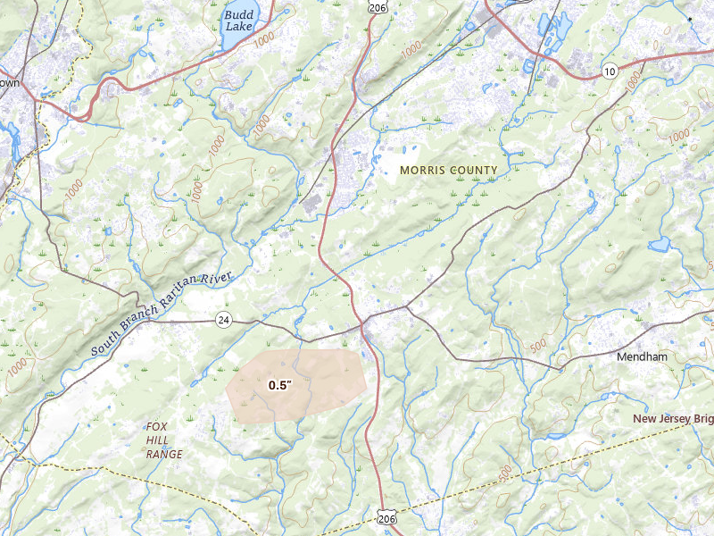 Radar-estimated hail-size map of the storm over Chester, NJ on Jun 11, 2026