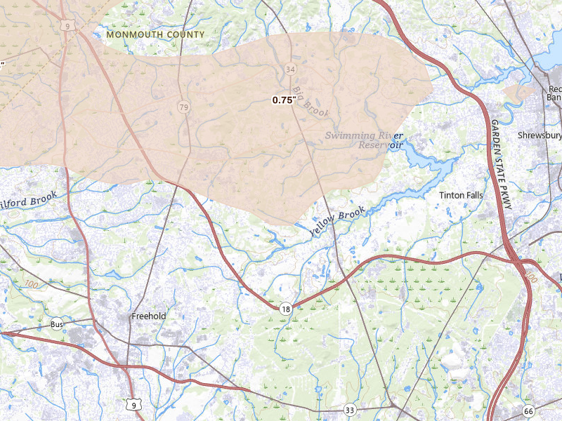 Radar-estimated hail-size map of the storm over Colts Neck, NJ on Aug 27, 2026