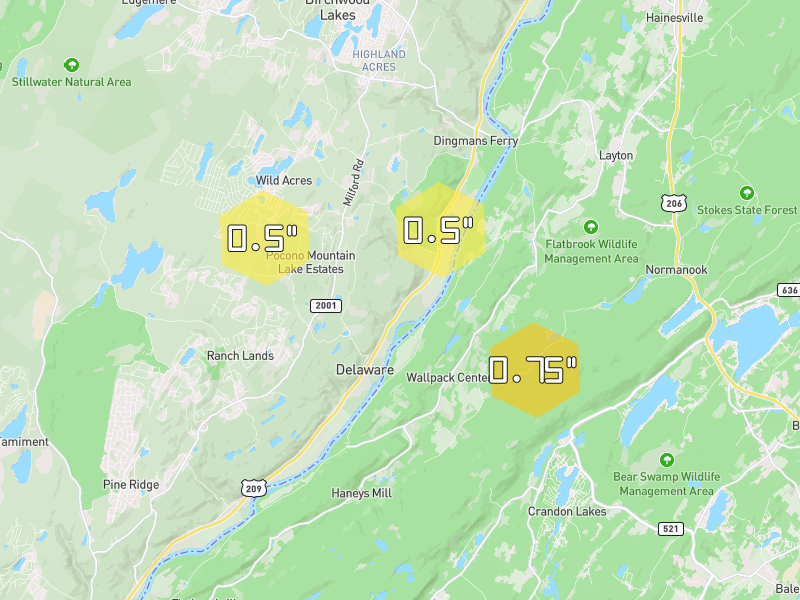 Hail map of Columbia, NJ on Jul 3, 2026, hail up to 0.75"