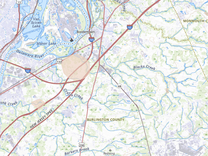 Radar-estimated hail-size map of the storm over Columbus, NJ on Jul 3, 2026