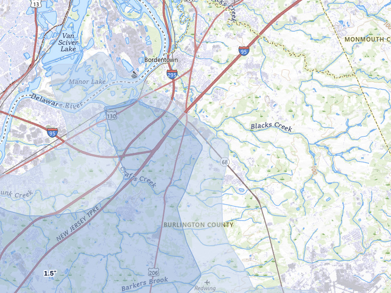 NEXRAD radar-signature map of the hail storm over Columbus, NJ on Jul 3, 2026