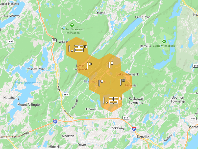 Hail map of Dover, NJ on Jul 3, 2026, hail up to 1.25"