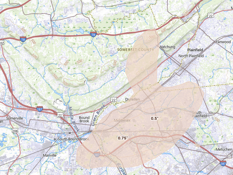 Radar-estimated hail-size map of the storm over Dunellen, NJ on Aug 7, 2026