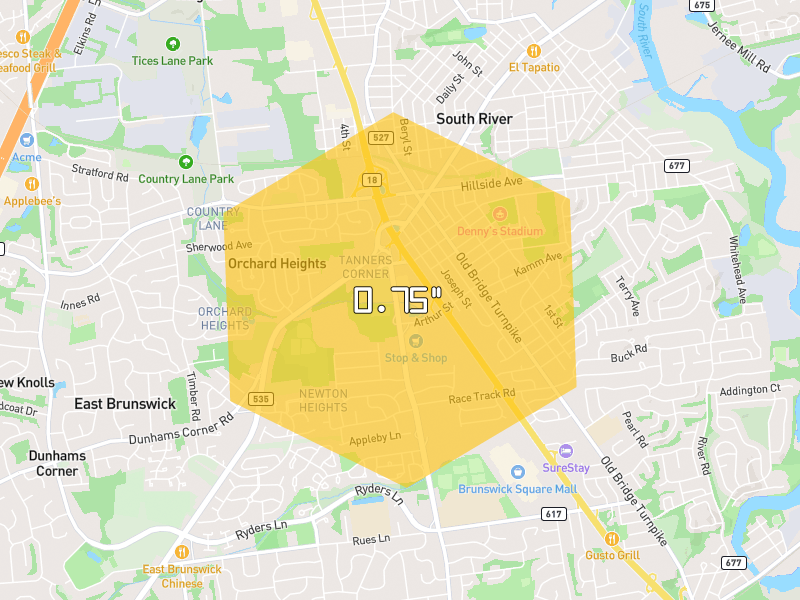Hail map of East Brunswick, NJ on Jul 4, 2026, hail up to 0.75"