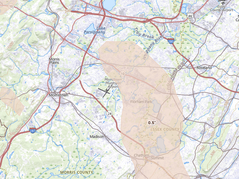 Radar-estimated hail-size map of the storm over East Hanover, NJ on Sep 1, 2026