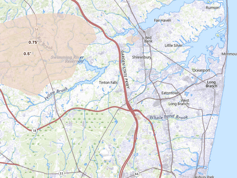 Radar-estimated hail-size map of the storm over Eatontown, NJ on Aug 27, 2026