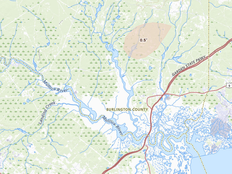 Radar-estimated hail-size map of the storm over Egg Harbor City, NJ on Aug 28, 2026