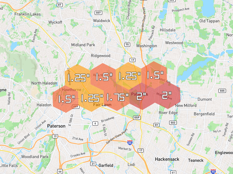 Hail map of Fair Lawn, NJ on Jul 21, 2026, hail up to 2"