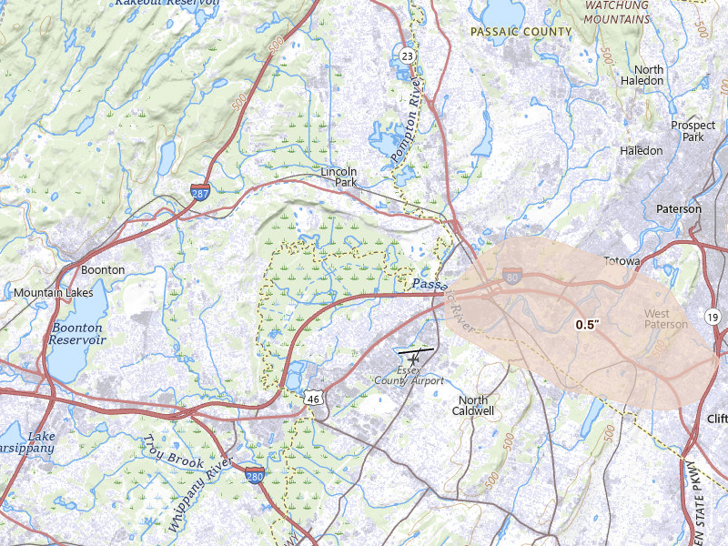 Radar-estimated hail-size map of the storm over Fairfield, NJ on Jul 3, 2026