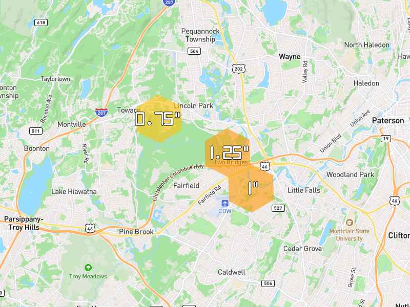 Hail map of Fairfield, NJ on Jul 3, 2026, hail up to 1.25"