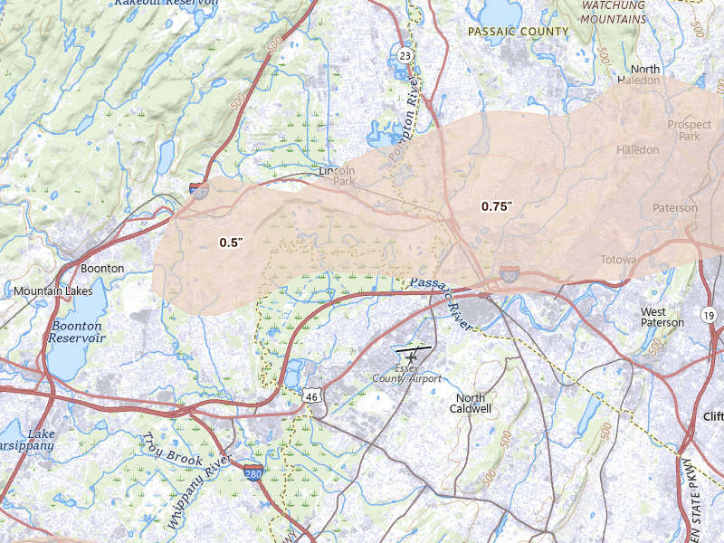 Radar-estimated hail-size map of the storm over Fairfield, NJ on Jul 21, 2026