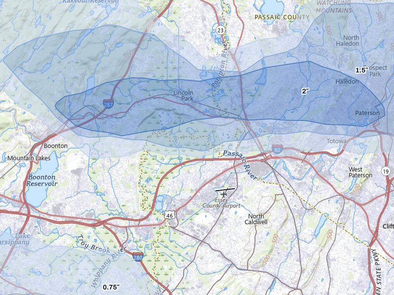 NEXRAD radar-signature map of the hail over Fairfield, NJ